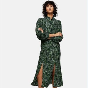 Topshop peacock print midi dress in green size 12
